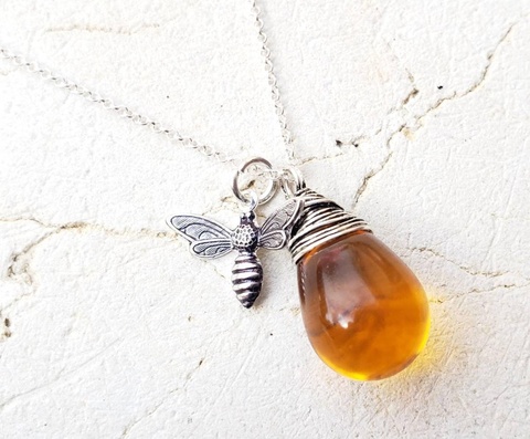 Honey Bee Necklace in Silver. Amber Wire Wrapped Briolette Charm Necklace.Honey Amber Necklace ► Photo 1/3