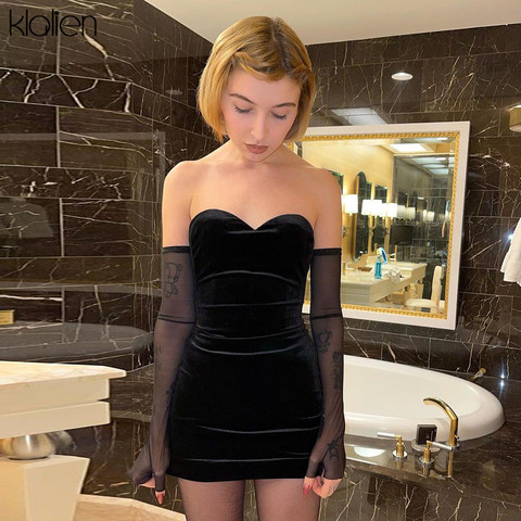 KLALIEN Fashion Sexy Party Beach Birthday Black Strapless Dress Women New Simple Slim Removable Mesh sleeves Female Dress ► Photo 1/6