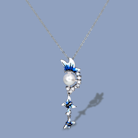 Elegant Pearl Blue Butterfly Tassel Pendant Necklace Fashion New Handmade Enamel Ladies Sweater Chain Silver 925 Jewelry ► Photo 1/5