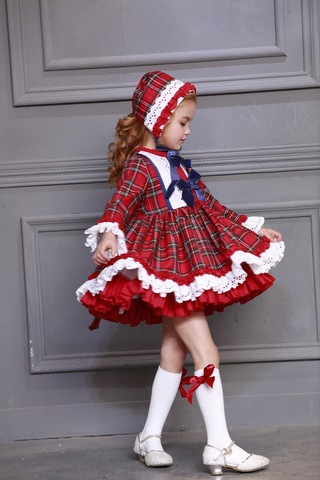 3PCS Baby Girl Autumn Winter Red Plaid Vintage Spanish Pompom Ball Princess Lolita Dress with Hat Pants for Christmas Birthday ► Photo 1/6