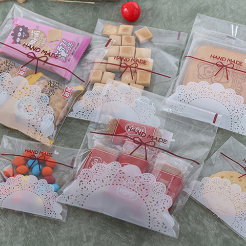 100Pcs/lot 7x7cm 10x10cm Cute Lace Bow Print Self-adhesive Gifts Bags Wedding Party Cookie Packaging for Biscuits Candy Cake ► Photo 1/6