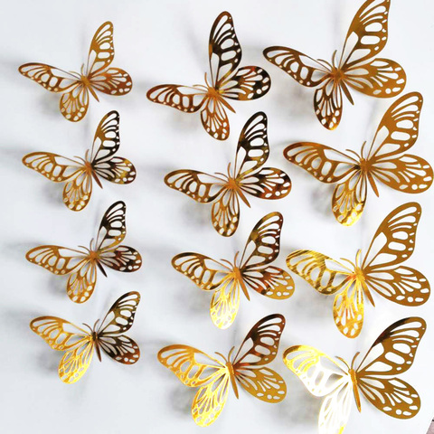 12pcs/set gold silver Hollow Butterfly Wall Sticker 3D Butterflies bedroom living room home decoration stickers wedding decor ► Photo 1/6