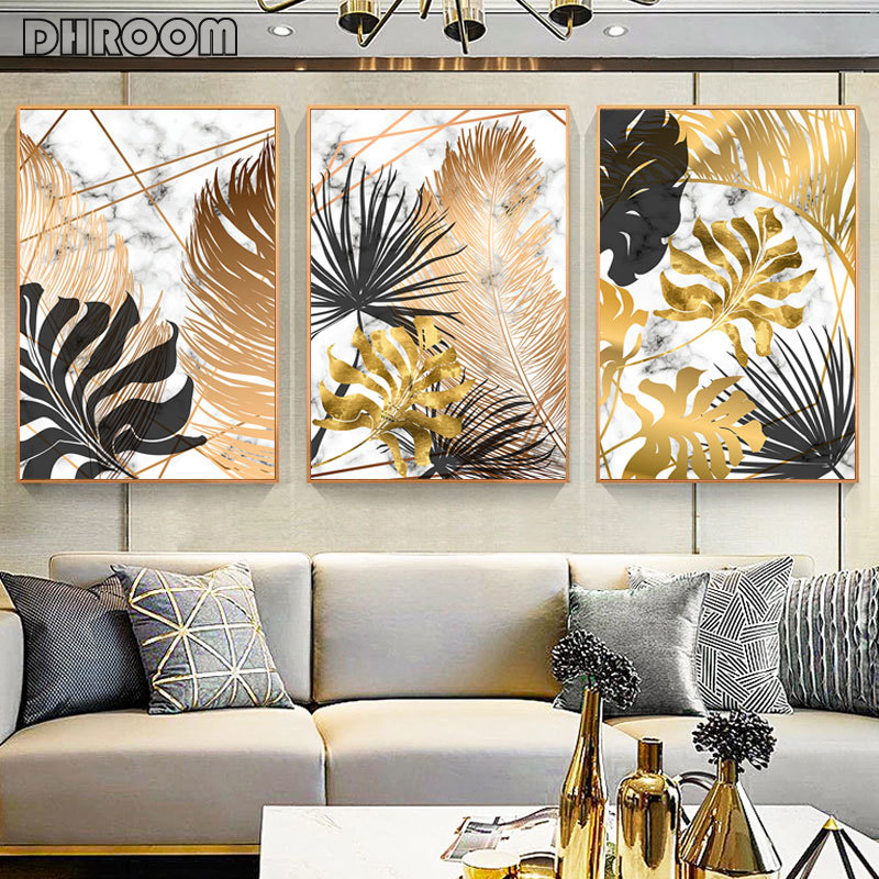 Golden Leaf Flower Abstract Canvas Wall Art Pictures For Living Room Home Decor