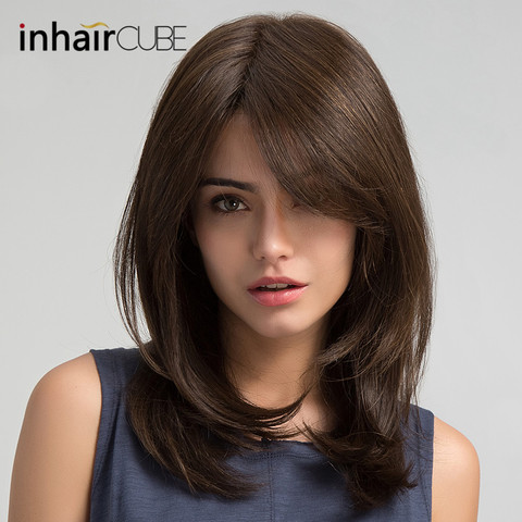 Inhair Cube Women Hair Wigs Party Daily Natural Wave Dark Brown Side Part Synthetic Wigs with Bangs Free Shipping ► Photo 1/6