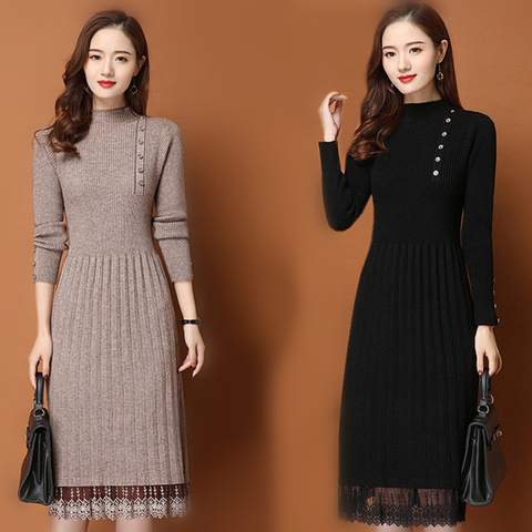 Lace Hem Buttons Women Autumn Winter Sweater Knitted a line Dresses Ribbed Slim Elastic Long Sleeve Lady Bodycon Midi Dresses ► Photo 1/6