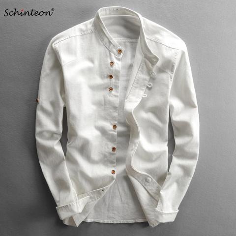 Schinteon Men Cotton Linen Shirt Long Sleeves Casual Slim Comfortable Traditional Chinese Mandarin Collar Shirts M-7XL ► Photo 1/6