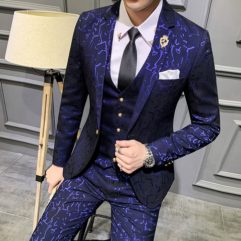 Luxury Men Suit Sets Latest Coat Pant Vest Design Dress Suits Floral Slim Men's Groom Tuxedo Suit Royal Blue Burgundy Men Suits ► Photo 1/6