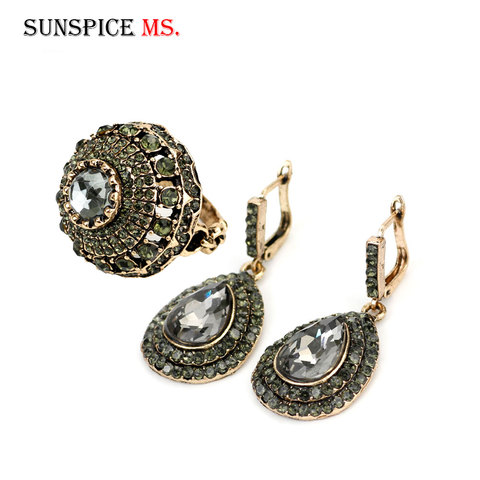 SUNSPICEMS Vintage Turkish Jewelry Full Gray Rhinestone Ring Earring Sets Antique Gold Color Female Ethnic Wedding Bijoux Gift ► Photo 1/6