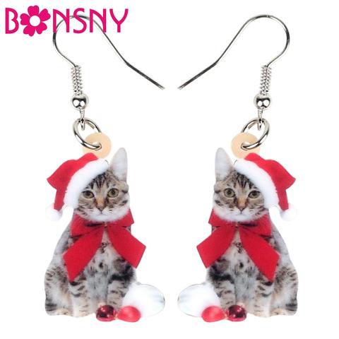 Bonsny Acrylic Christmas Bow-Knot Cat Kitten Earrings Dangle Drop Pets  Jewelry Women Girl Teen Kid Bulk Festival Birthday Gift ► Photo 1/5