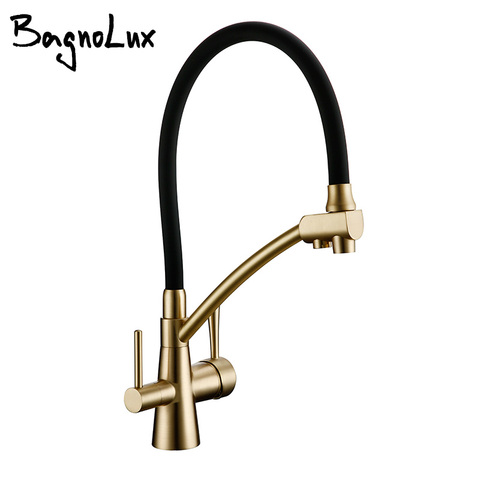 Nozzle can be pulled out Kitchen hot and cold water with filtered water faucet brushed gold plus black double handle single hole ► Photo 1/6