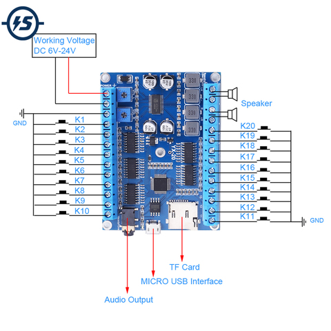 DC 6V-24V Voice Power Amplifier Board 20-Channel Low Level Trigger Stereo 25W*2 128MBit Music Controller Next/Prev/Random Player ► Photo 1/6