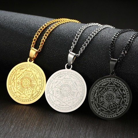 Vnox Mens The Seal of The Seven Archangels Necklace 3 Colors Stainless Steel Round Male Pendant Jewelry Free Chain 24