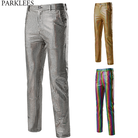 Mens Dancer Stage Pants Gold Silver Rainbow Plaid Sequin Trousers Men Disco Festival Christmas Party Prom Pantalones Hombre 3XL ► Photo 1/6