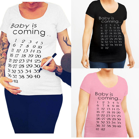 Baby Is Coming Calendar Maternity T-shirt Clothing Pregnant Letter Print Baby Is Coming Pregnants Tops Blouse Short Sleeve Tops ► Photo 1/6