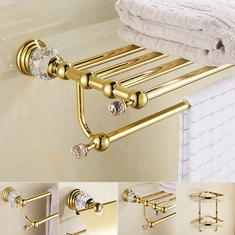 European GoldTowel Rack Bathroom Hardware Set Solid Brass Crystal Tissue Box Toilet Brush Holder Bathroom Accessories Set ► Photo 1/5