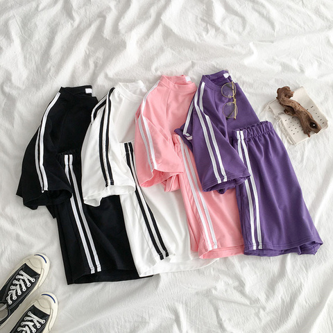 2022 Autumn Striped Tracksuit For Women Sets Short Sleeve T Shirt Two Piece Shorts Set Female Loose Casual Sport 2pc Sets Ladies ► Photo 1/6