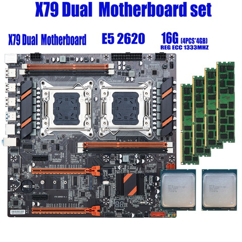 QIYIDA X79 Dual CPU motherboard set with 2 × Xeon E5 2620 4 × 4GB = 16GB 1333MHz PC3 10600 DDR3 ECC REG memory ► Photo 1/6