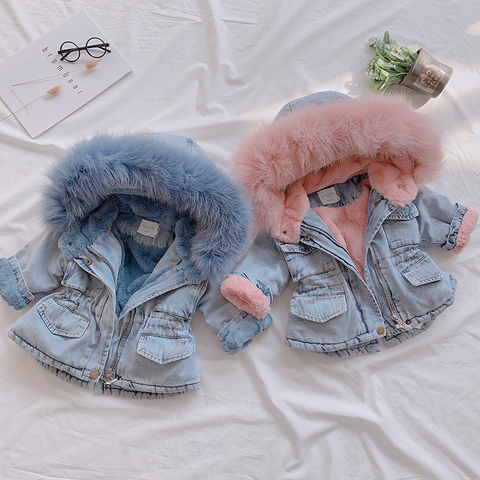 Winter Baby Girl Warm Thick Denim Jacket Fur Hooded Toddler Girl Baby Outerwear Denim Jacket Cotton Kids Girl Parka Children ► Photo 1/6