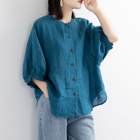 Puff Sleeve Summer Linen Shirts Women Plus Size Clothing Ladies Loose Vintage Tops Short Sleeve Female Shirt Blouse Casual 2022 ► Photo 1/6