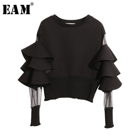 [EAM] 2022 New Spring Round Neck Long Sleeve Solid Color Gauze Split Joint Loose Sweatshirt Women Fashion Tide JC509 ► Photo 1/1