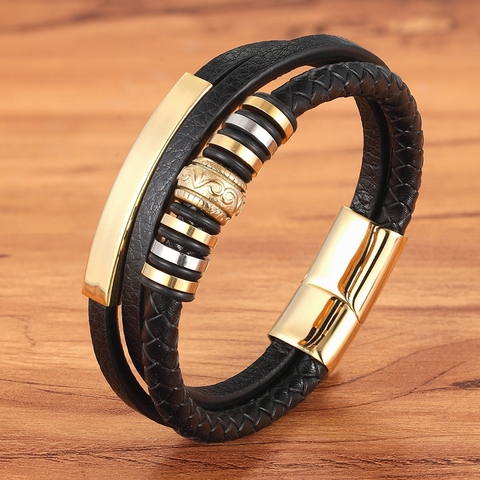 2022 Promotion Multi-layer Leather Stainless Steel Metal Luxury Men's Leather Bracelet Accessories For New Year's Gift ► Photo 1/6