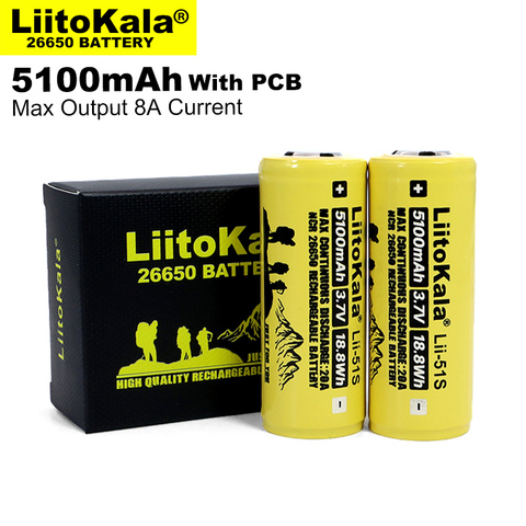 2PCS Liitokala LII-51S 26650 8A power rechargeable lithium battery 26650A 3.7V 5100mA Suitable for flashlight（PCB protection） ► Photo 1/5