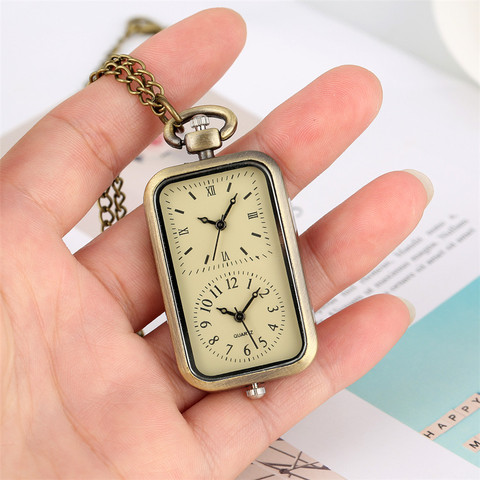 Dual Time Zone Bronze Quartz Pocket Watch Rectangle Shape Necklace Watch Fob Chain Retro Accessory Gifts for Men Women ► Photo 1/6