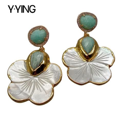 Y·YING Natural White Mother Of Pearl Shell Carved Flower Amazonite Stud Earrings ► Photo 1/6