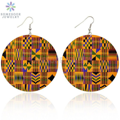 SOMESOOR African Fabric Bohemian Wooden Drop Earrings Afrocentric Ethnic Women Headwrap Designs Both Sides Printed For Women ► Photo 1/6