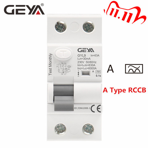 GEYA A Type RCD Earth Leakage Circuit Breaker AC ELCB 2 Pole 40A 63A 30mA 100mA 300mA RCD RCCB ► Photo 1/6