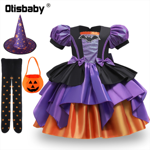 Winter 2 - 10 Year Baby Girl Halloween Christmas Priness Dress Kids Cosplay Bat Print Witch Costume Girls Ruffle Party Ball Gown ► Photo 1/6
