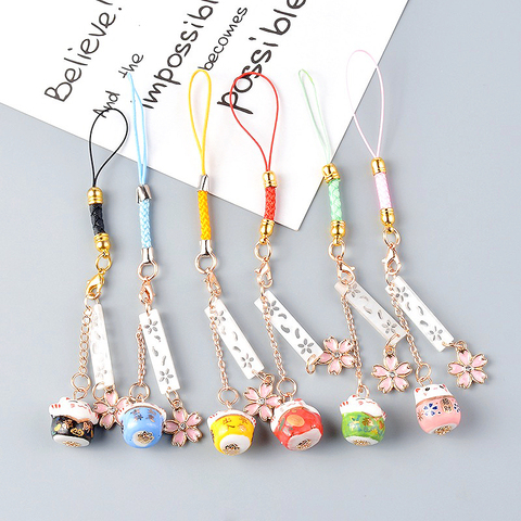 Cute Maneki Neko Smart Phone Strap Lanyards Iphone Samsung Decoration Daisy Sakura Cat Bell Mobile Rope Key Chains Couple Gift ► Photo 1/6