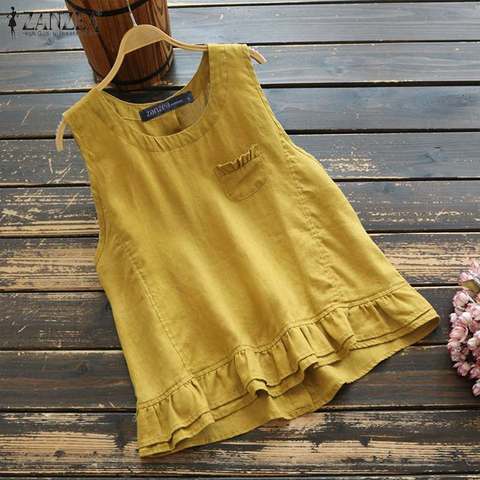 ZANZEA Women Summer Tanks Tops Vintage Cotton Linen Blouse Casual Bohemian Sleeveless Ruffles Shirt Solid Blusas Femme Top Tunic ► Photo 1/6