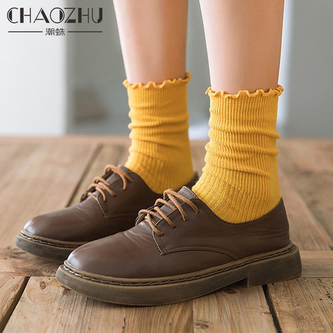 CHAOZHU Women fashion rib 100%% cotton knitting laciness gimp tatt sweet 16 kinds of solid colors daily socks kawaii Korea ► Photo 1/6