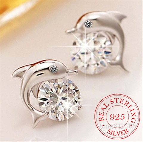 Cute Romantic Dolphin Love Stud Earrings For Women High Quality 925 Jewelry Stering Silver Round Cut AAA Zircon Brinco Bijoux ► Photo 1/6