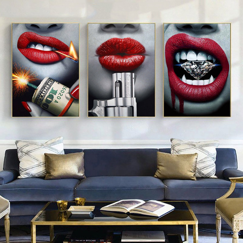 Blood Red Lipstick Sexy Lip With Gun And Money Fashion Canvas Art Painting Modern Wall Decor Poster And Prints For Room Decor ► Photo 1/6