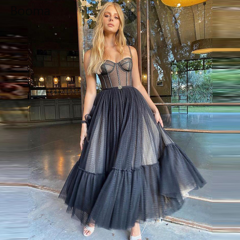 Booma Black Dotted Tulle Prom Dresses Spaghetti Straps Boning A-Line Short Prom Gowns Illusion Tea-Length Wedding Party Dresses ► Photo 1/6