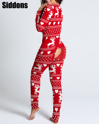 Sexy Women Christmas Cutout Functional Buttoned Flap Adults Pajamas Club Button Design Plunge Lounge Jumpsuit ► Photo 1/6