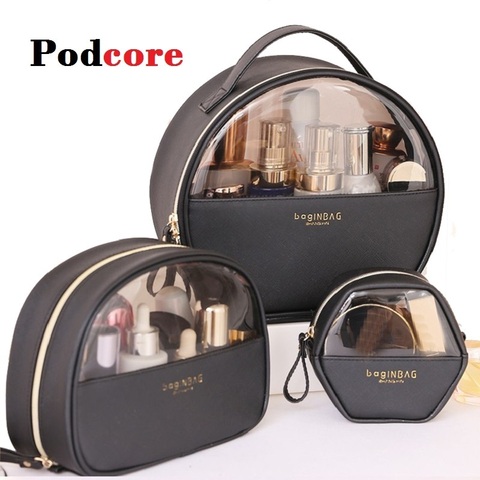 Fashion Cosmetic Bag PU Leather Transparent Cosmetic Bags Women beautician Small ► Photo 1/6