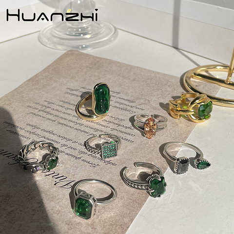 HUANZHI 2022 New Vintage Green Crystal Rhinestone Rectangle Oval Chain Hollow Plated Metal Rings for Women Party Jewelry ► Photo 1/6