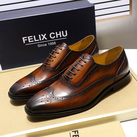FELIX CHU Classic Wingtip Medallion Brogue Oxford Men's Dress Shoes Genuine Leather Black Brown Lace Up Leather Shoes for Men ► Photo 1/6