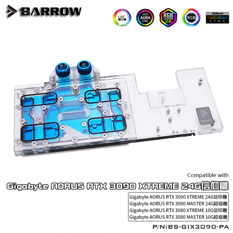 Barrow water block use for GIGABYTE RTX AORUS 3090/3080 XTREME/MASTER full coverage GPU card Copper Radiator 5V Header A-RGB ► Photo 1/6