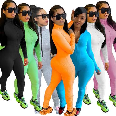 Plus Size Bodysuit Skinny Casual Lucky Label  Jumpsuit Women Long Sleeve Front Zipper Sport Wear Womens Rompers Fitness Overalls ► Photo 1/6