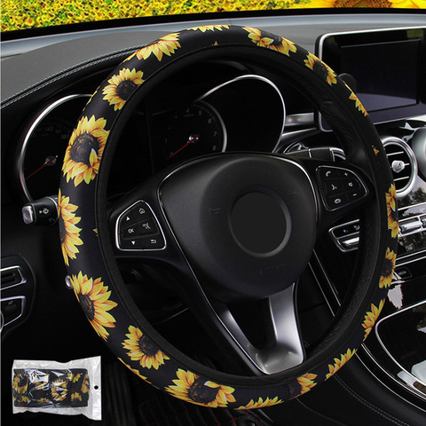Car Steering Wheel Cover Knitted Fabric Sunflower Floral Print Steering Covers Auto Non Slip Stretchy Neoprene Car Styling ► Photo 1/6