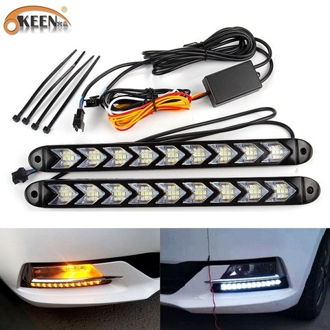 OKEEN 2pcs Universal Car LED Daytime Running Light Waterproof Headlight Strip Sequential Flow Yellow Turn Signal White DRL Light ► Photo 1/6