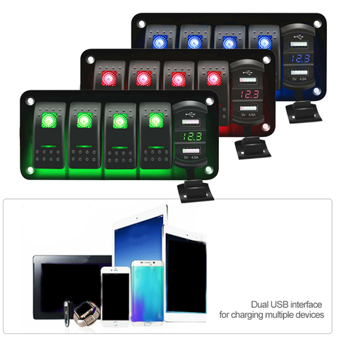 5 Gang Toggle Rocker LED Switch Panel +Sticker Digital Voltmeter Dual USB Port 12V Outlet Combination Waterproof Car Marine Boat ► Photo 1/6