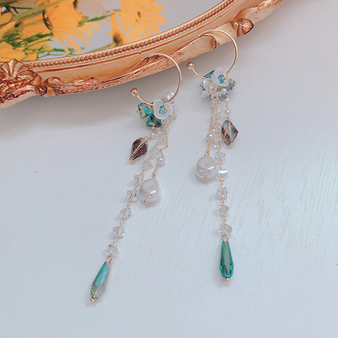 MWSONYA New Korean Holiday Crystal Earrings Super Fairy Baroque Shell Pearl Flower Drop Earrings Long Tassel Women Party Jewelry ► Photo 1/6