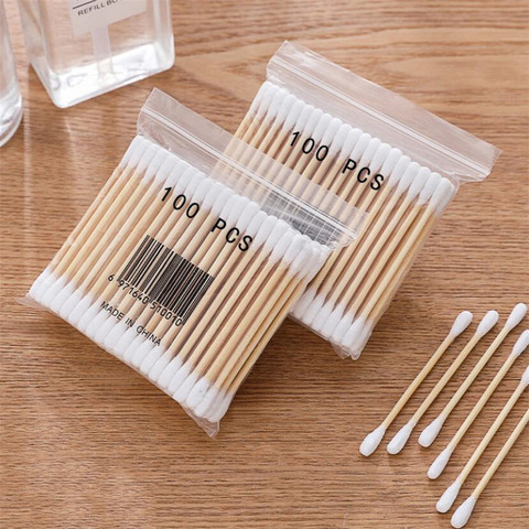 100Pcs/Bag Double Head Disposable Makeup Cotton Swab Soft Cotton Buds For Medical Wood Sticks Nose Ears Cleaning Tools Cotonete ► Photo 1/6