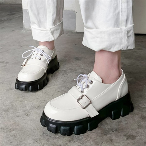 PXELENA Newest 2022 Spring Large Size 34-45 Chunky Platform Dad Shoes Women Creepers Punk Rock Gothic Lace Up Buckl Black White ► Photo 1/6