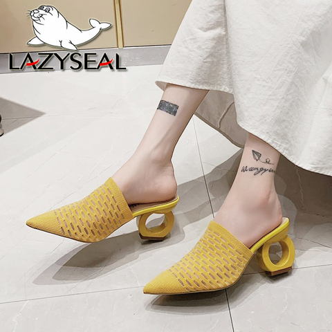 LazySea 7cm Fretwork Heels Pointed Toe Slippers Women Shoes Stretch Fabric Air Mesh Mules Flip Flop Slip On Slides Plus Size 43 ► Photo 1/6